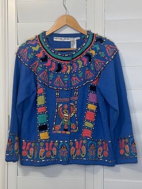 VTG Michael Simon Egyptian Beaded Cardigan Sweater Winged Scarab Blue